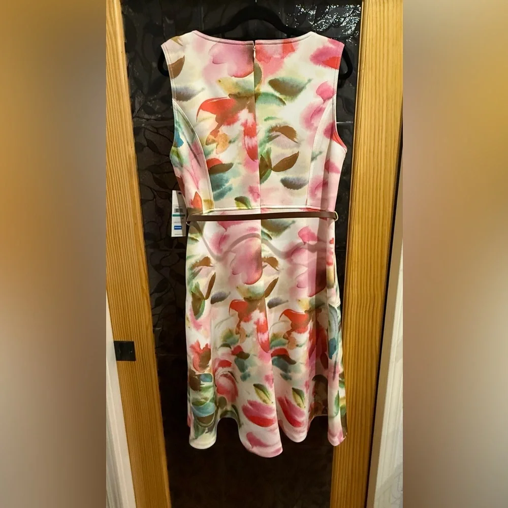 Calvin Klein Women's Floral Belted Jewel-Neck A-Line Dress - Picture 5 of 8